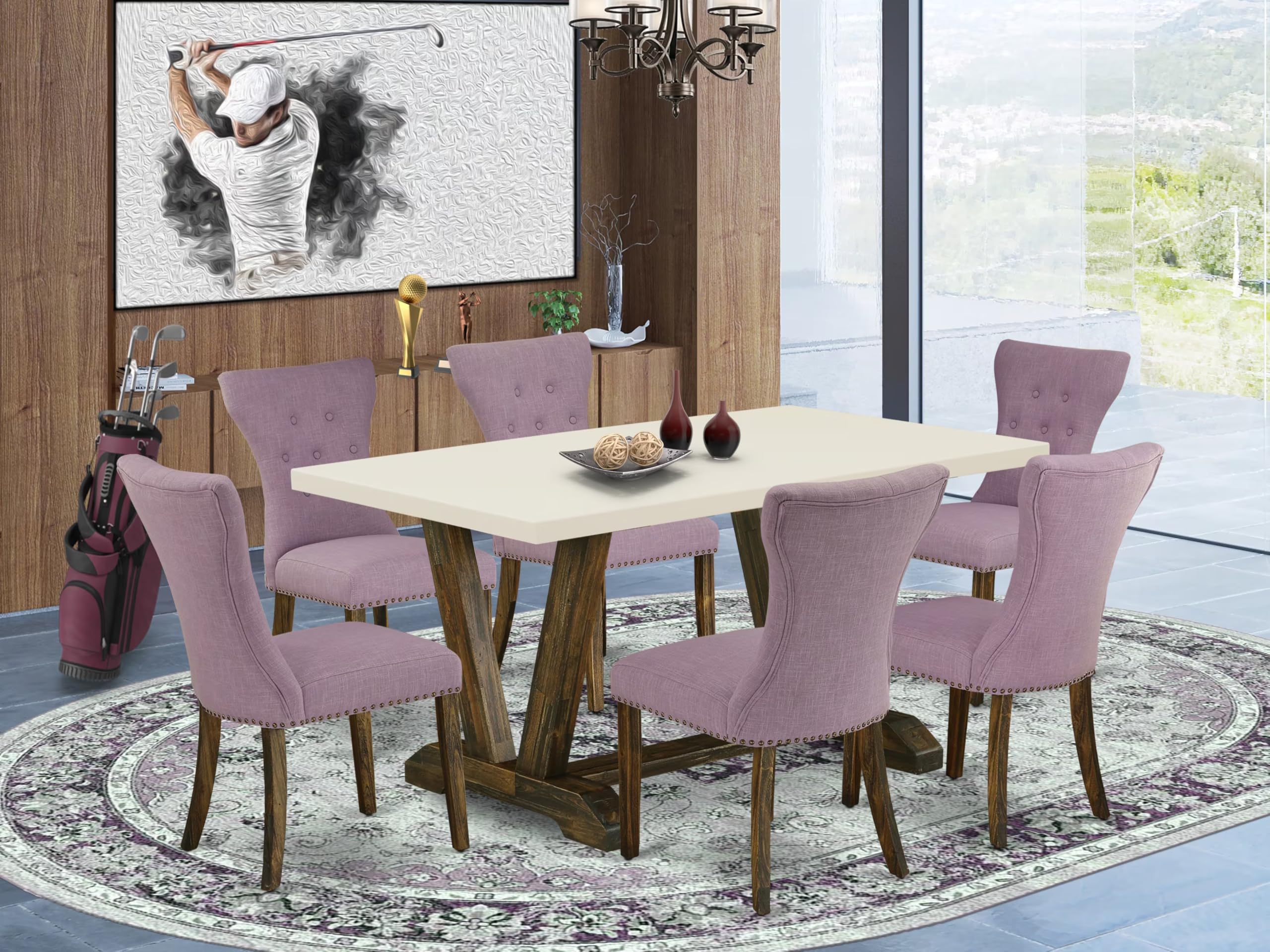 East West Furniture V726Ga740-7 7 Piece Modern Dining Table Set Consist Of A Rectangle Wooden Table With V-Legs And 6 Dahlia Linen Fabric Upholstered Chairs, 36X60 Inch, Multi-Color